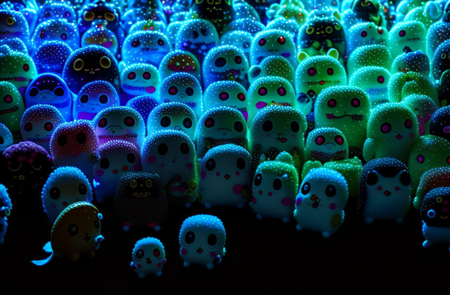 Colorful Glowing Toy Figures: Small, Cute Creatures in Dark