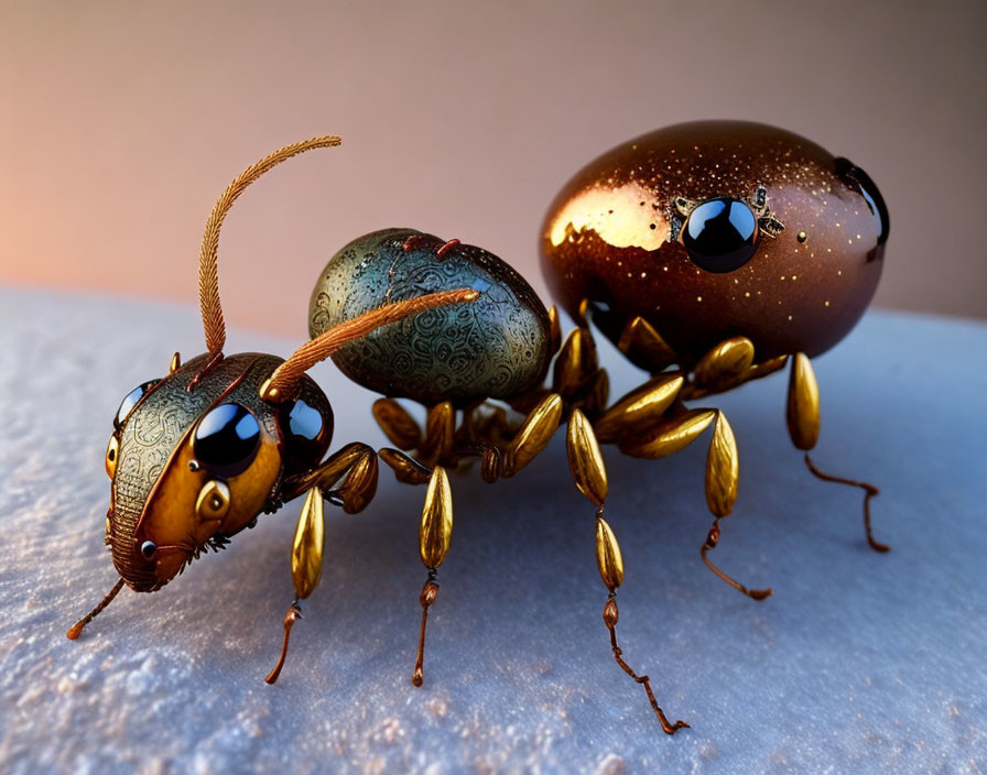 Steampunk-inspired robotic ant with metallic joints and intricate patterns on its body.