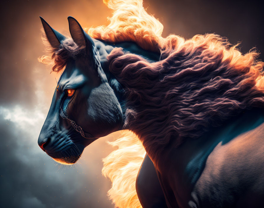 Mythical creature with black panther head and goat-like horns in fiery sky