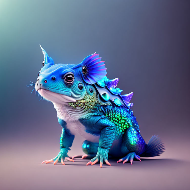 Colorful digital illustration: Whimsical frog-fish creature in blue and green hues