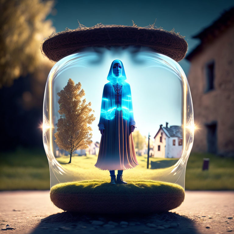 Holographic figure in dome with village background