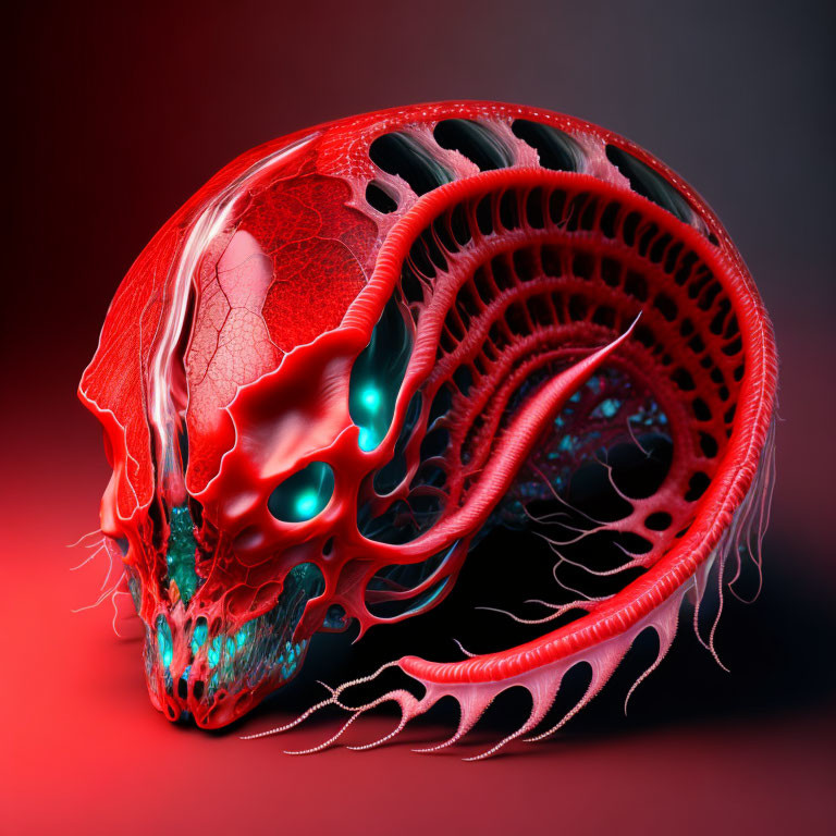 Surreal digital artwork of red skull with fractal-like cavities and glowing blue eyes