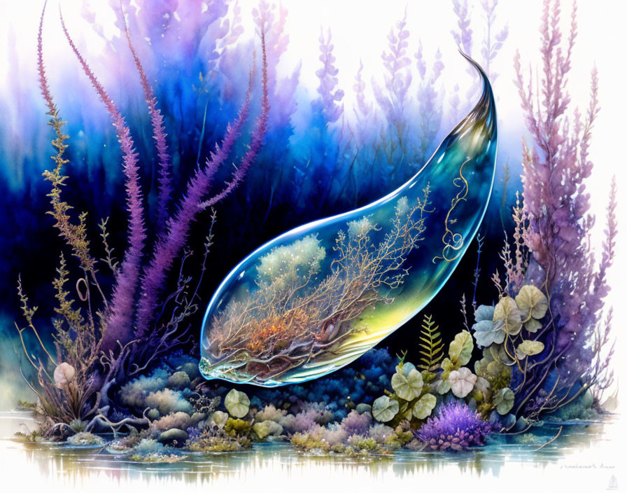 Transparent whale swimming among vibrant underwater flora in whimsical illustration