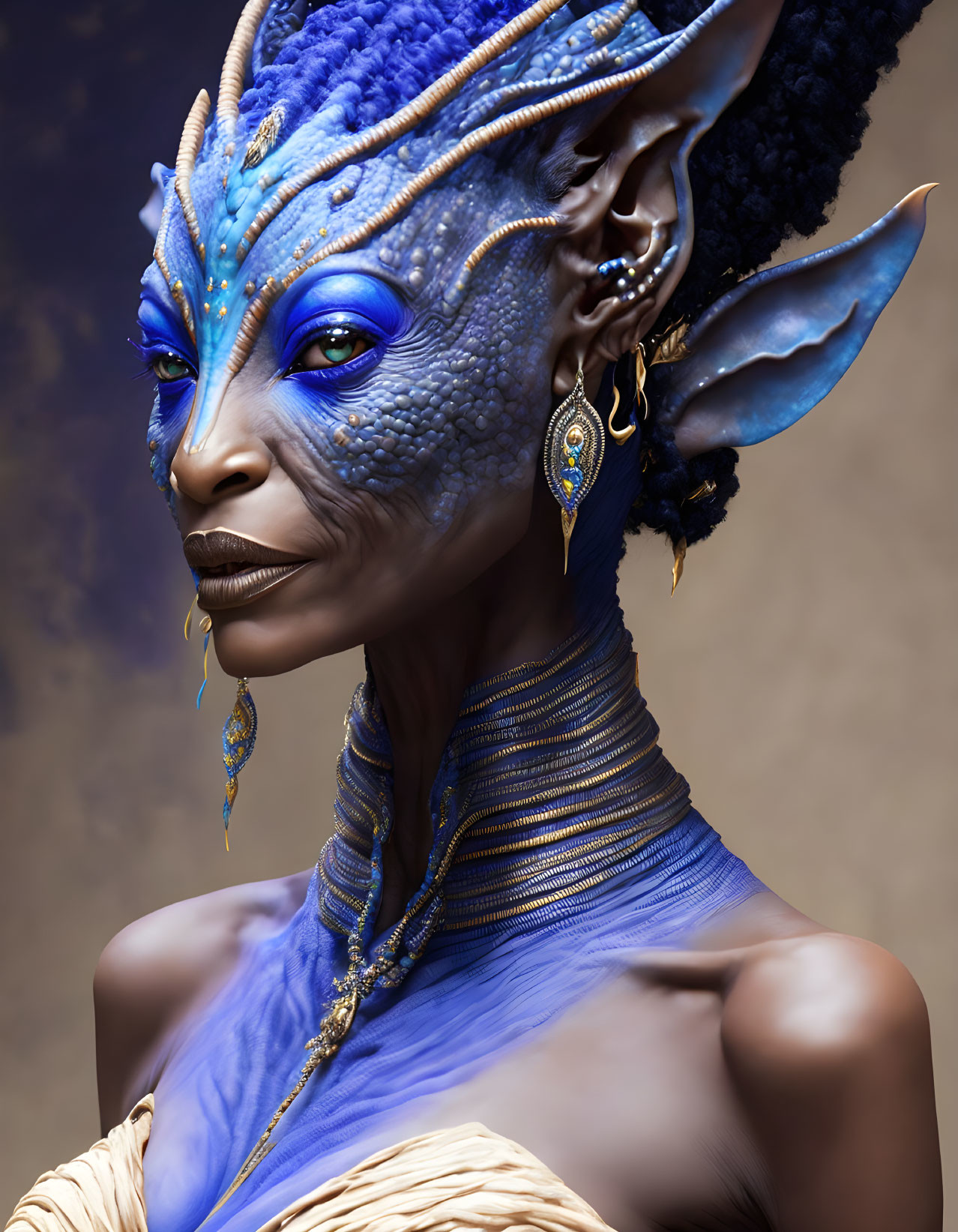 Blue-skinned figure with pointed ears and golden jewelry in intricate textures.