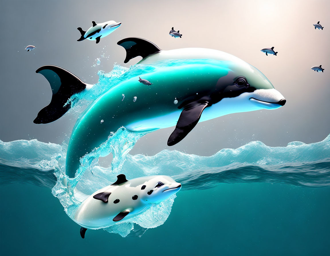 Digital Illustration: Stylized orcas leaping from ocean with splashes, surrounded by fish