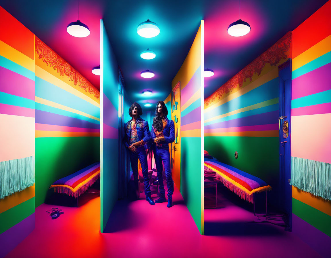 Colorful Psychedelic Corridor with Retro Fashion People