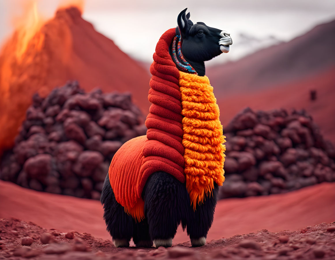 Colorful llama with orange and red wool in volcanic eruption backdrop