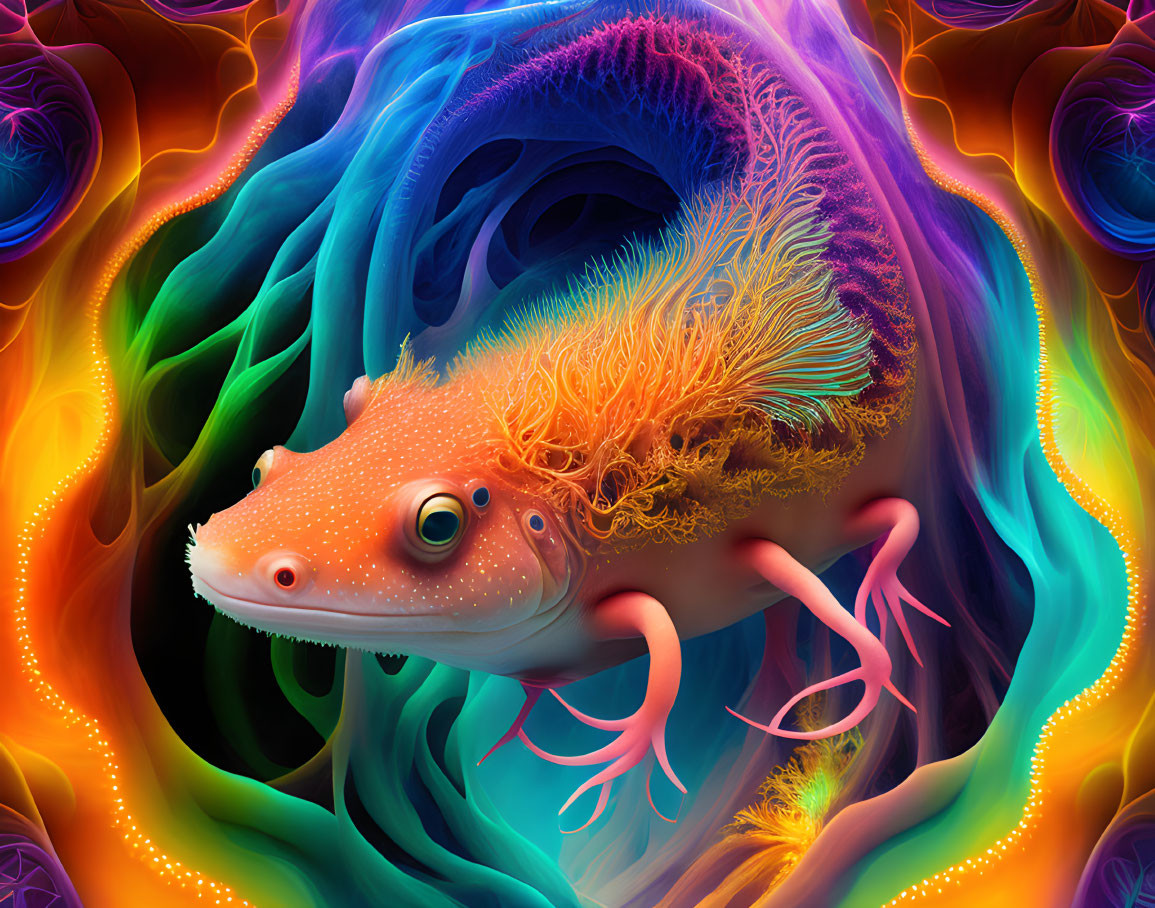 Colorful Digital Artwork: Orange Axolotl with Intricate Gills