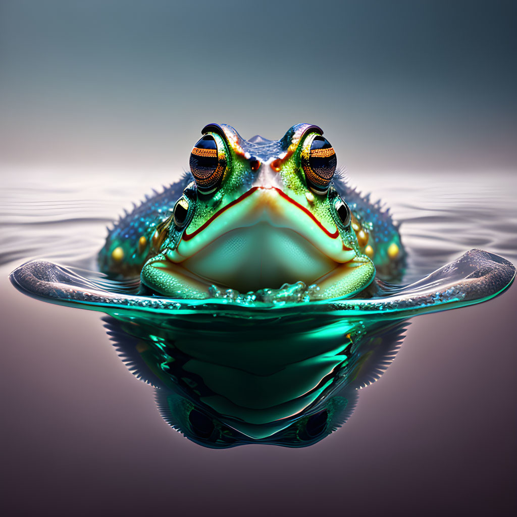 Colorful Stylized Frog Perched on Water Surface with Symmetrical Reflection