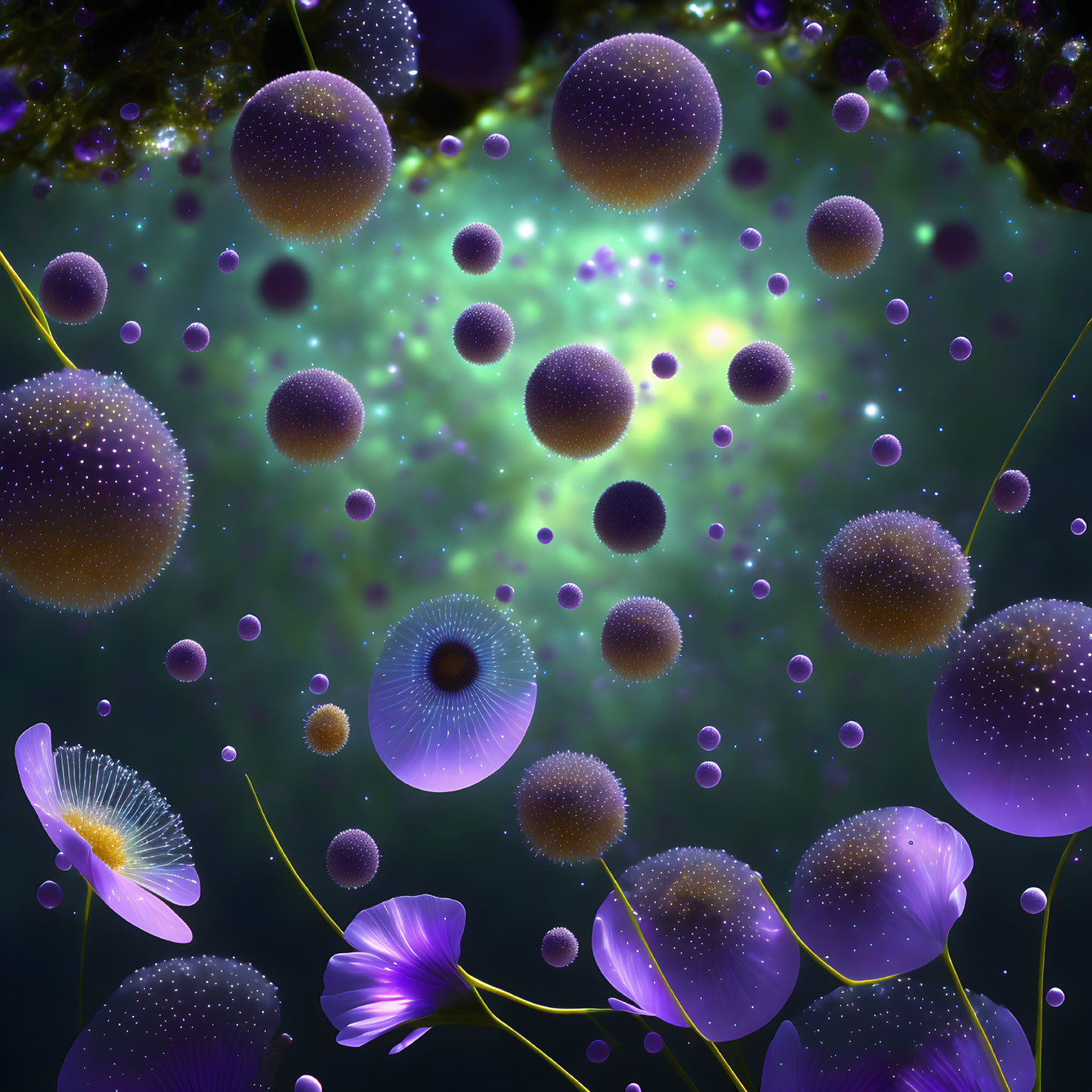 Fantastical 3D Rendering of Floating Purple Spheres and Ethereal Flowers