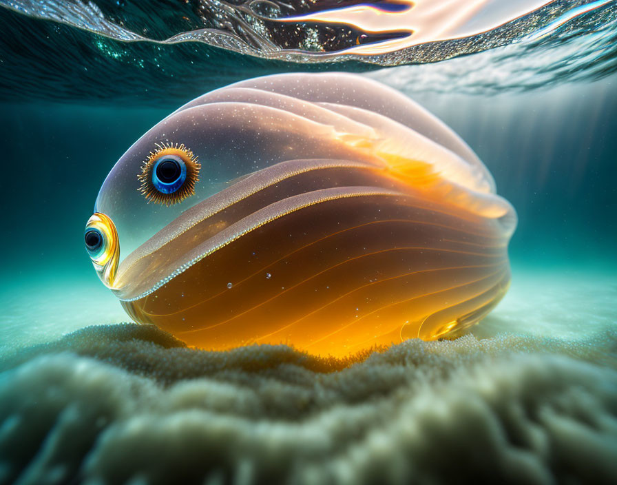 Translucent Fish with Blue-Ringed Eyes Resting on Coral Under Sunlight