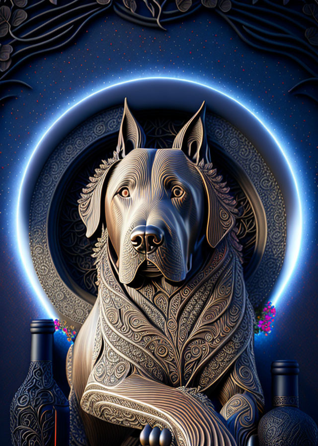 Intricately patterned canine on mystical blue backdrop with ornate designs and glowing bottles.