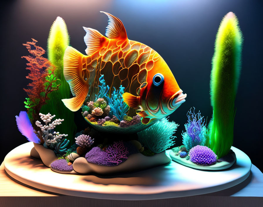 Digital artwork: Oversized goldfish in coral reef setting on wooden table