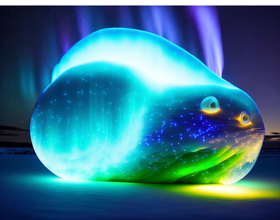 Whimsical neon-glowing whale in snowy landscape under aurora borealis