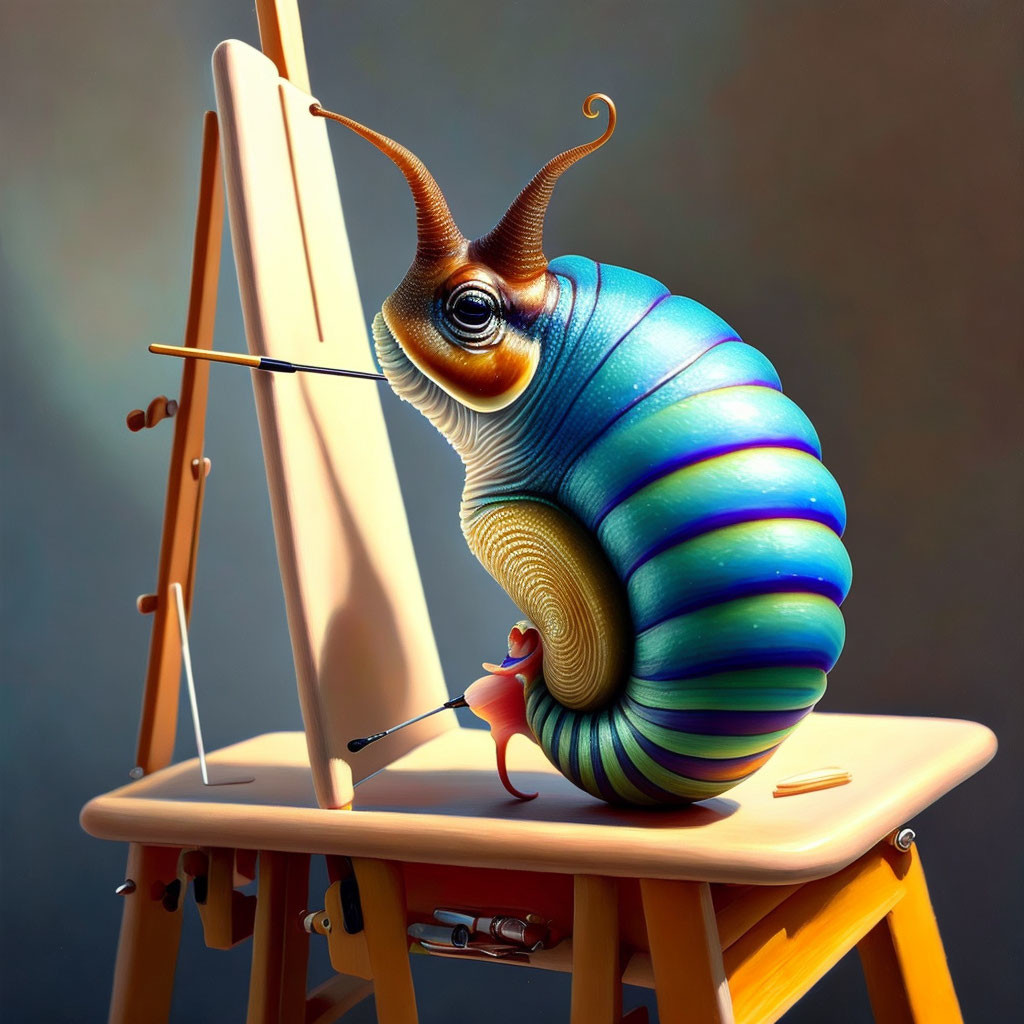 Anthropomorphic snail painting with tentacle-like appendage