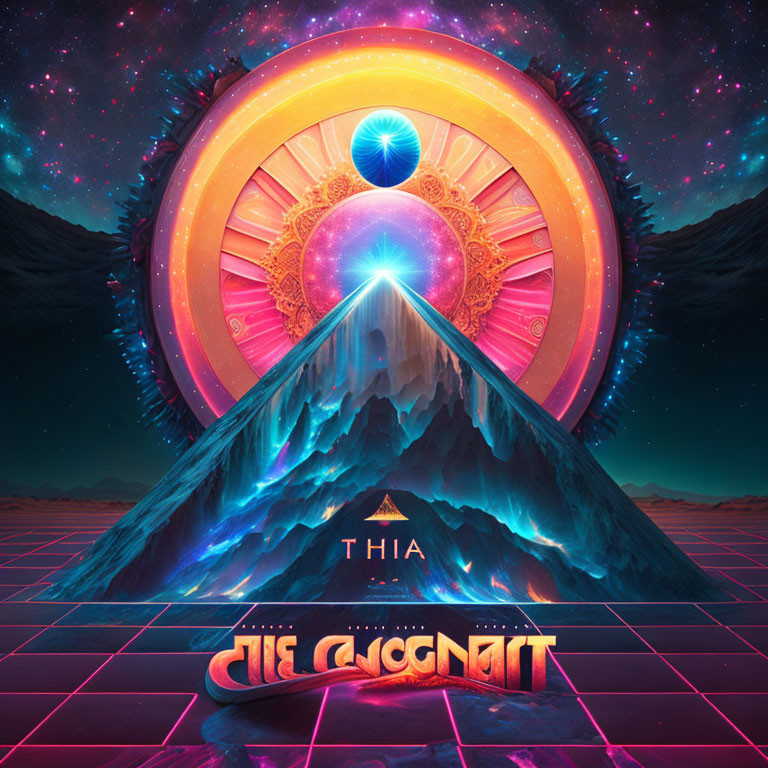 Colorful digital artwork: Mountain, sun gate, cosmic backdrop, neon accents, alien script
