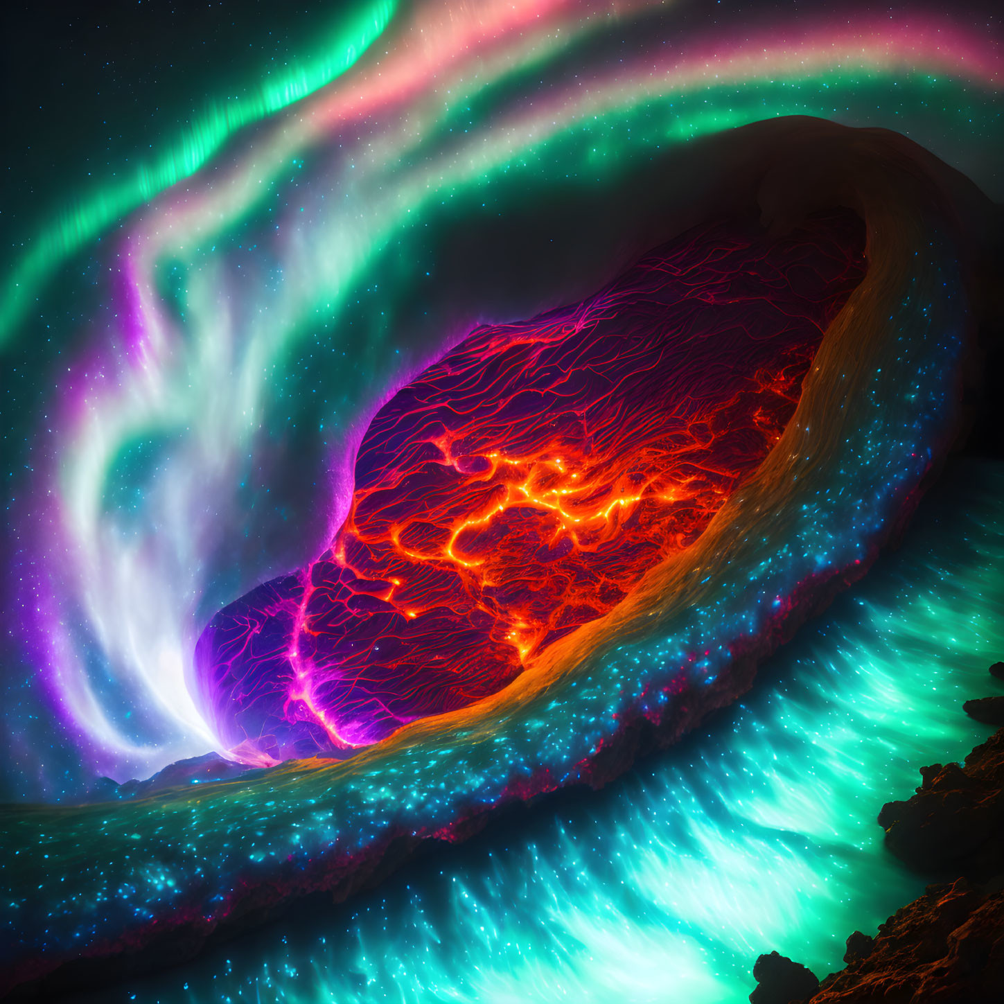 Neon auroras over molten landscape with flowing lava
