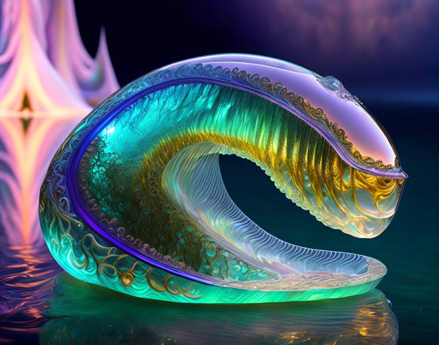 Iridescent fractal art: mystical sea creature with spiral structure on fiery backdrop