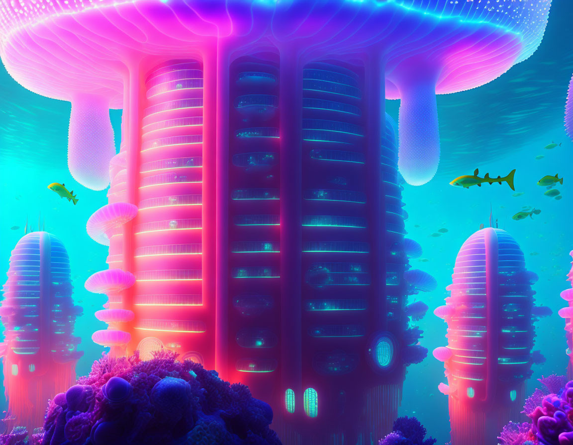 Colorful Neon-Lit Underwater Scene with Jellyfish-Shaped Structures