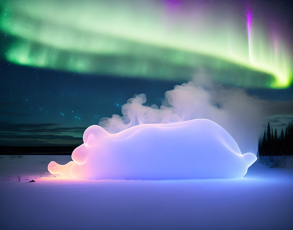 Northern Lights illuminate snowy landscape with hot spring