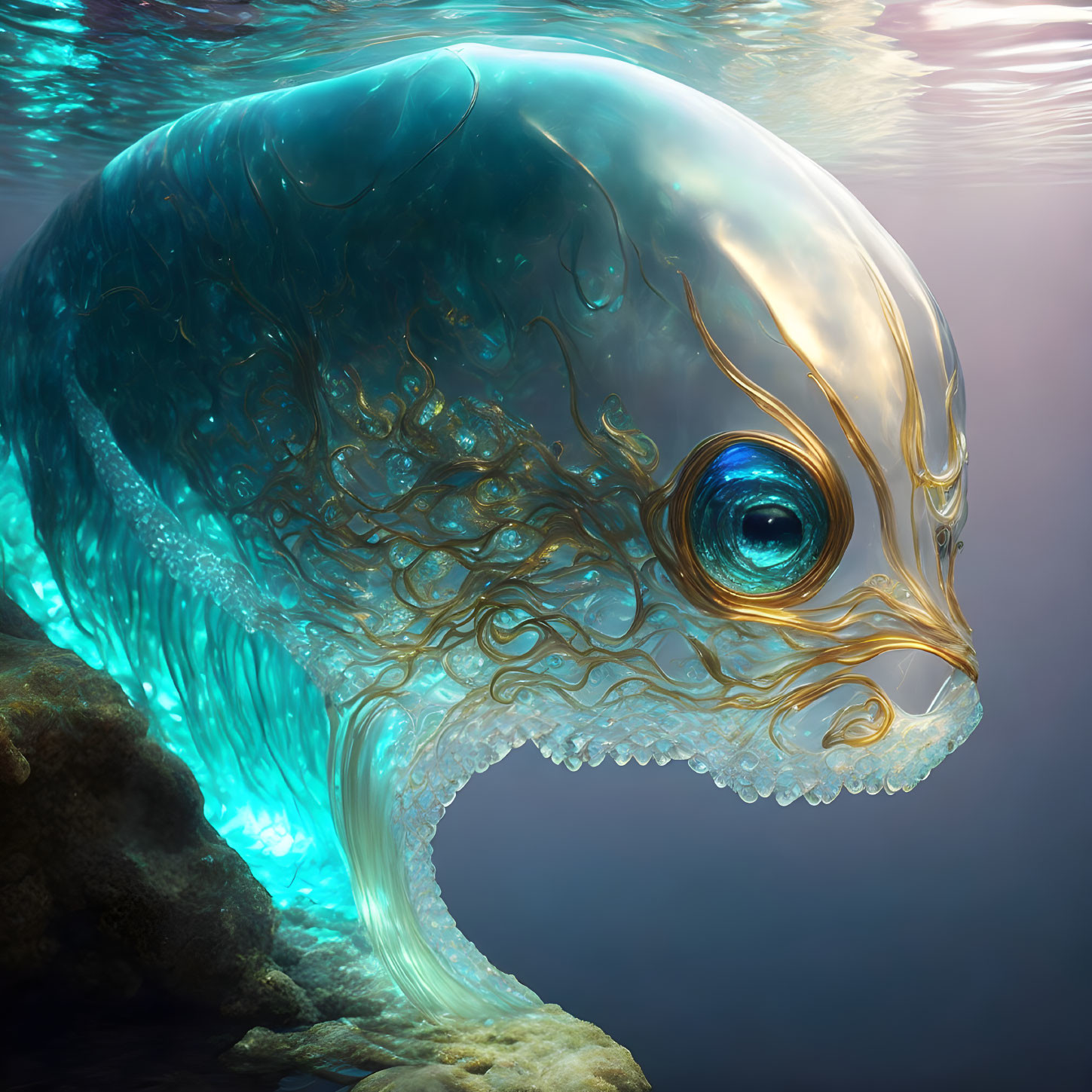 Translucent aquatic creature with intricate patterns and large eye emerging from water