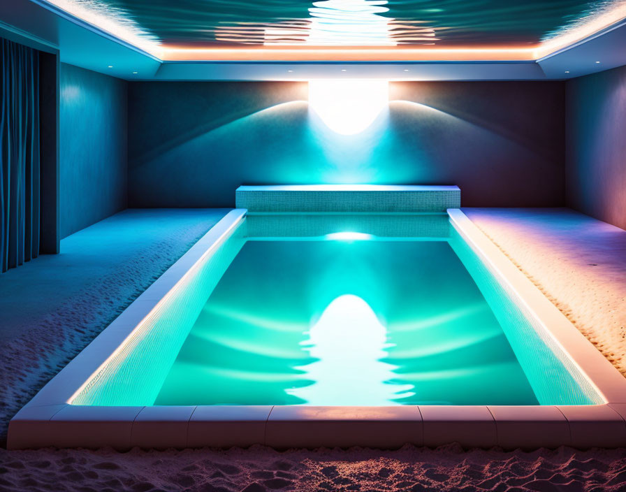 Sleek indoor pool with neon lighting and turquoise water in elegant setting