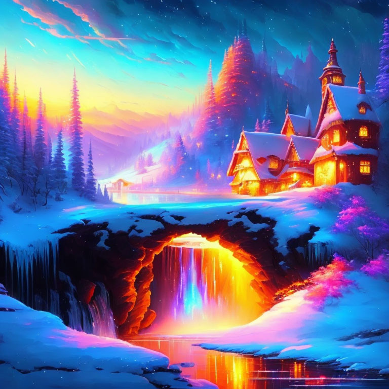 Fantasy landscape with glowing waterfall, cozy cottage, neon flora, and starry twilight sky