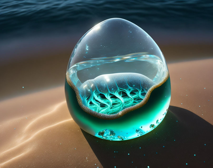 Translucent water droplet sphere with wave on sandy beach