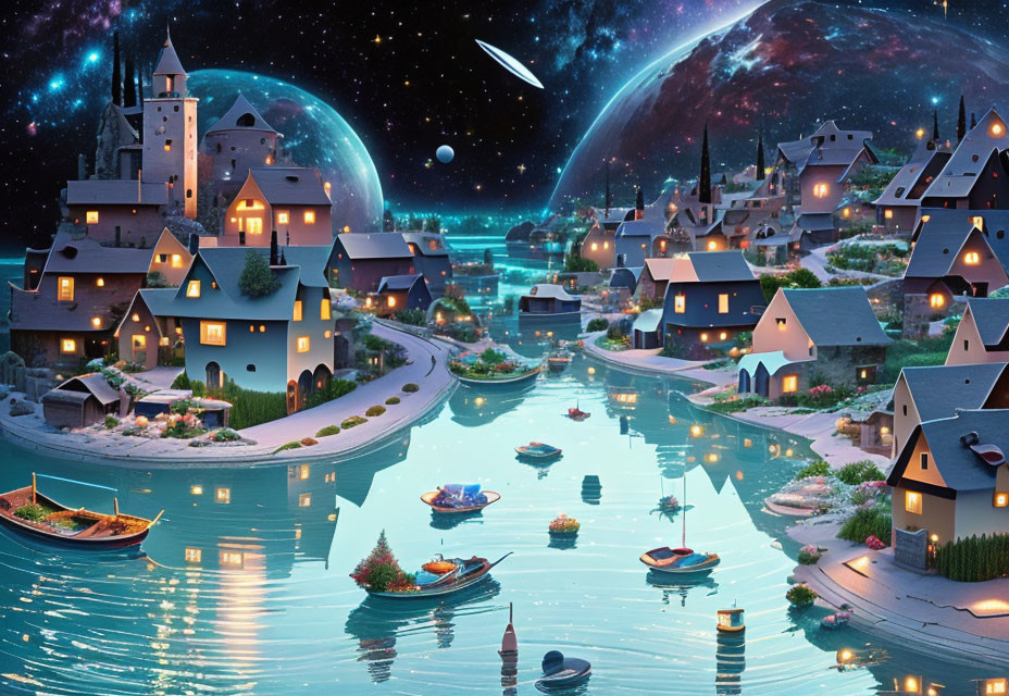 Tranquil village night scene with glowing houses, floating gardens, and cosmic sky