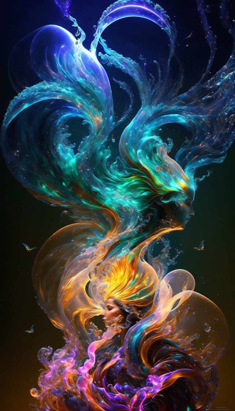 Colorful digital artwork: Woman with swirling fiery orange and cool blue hair, surrounded by butterflies