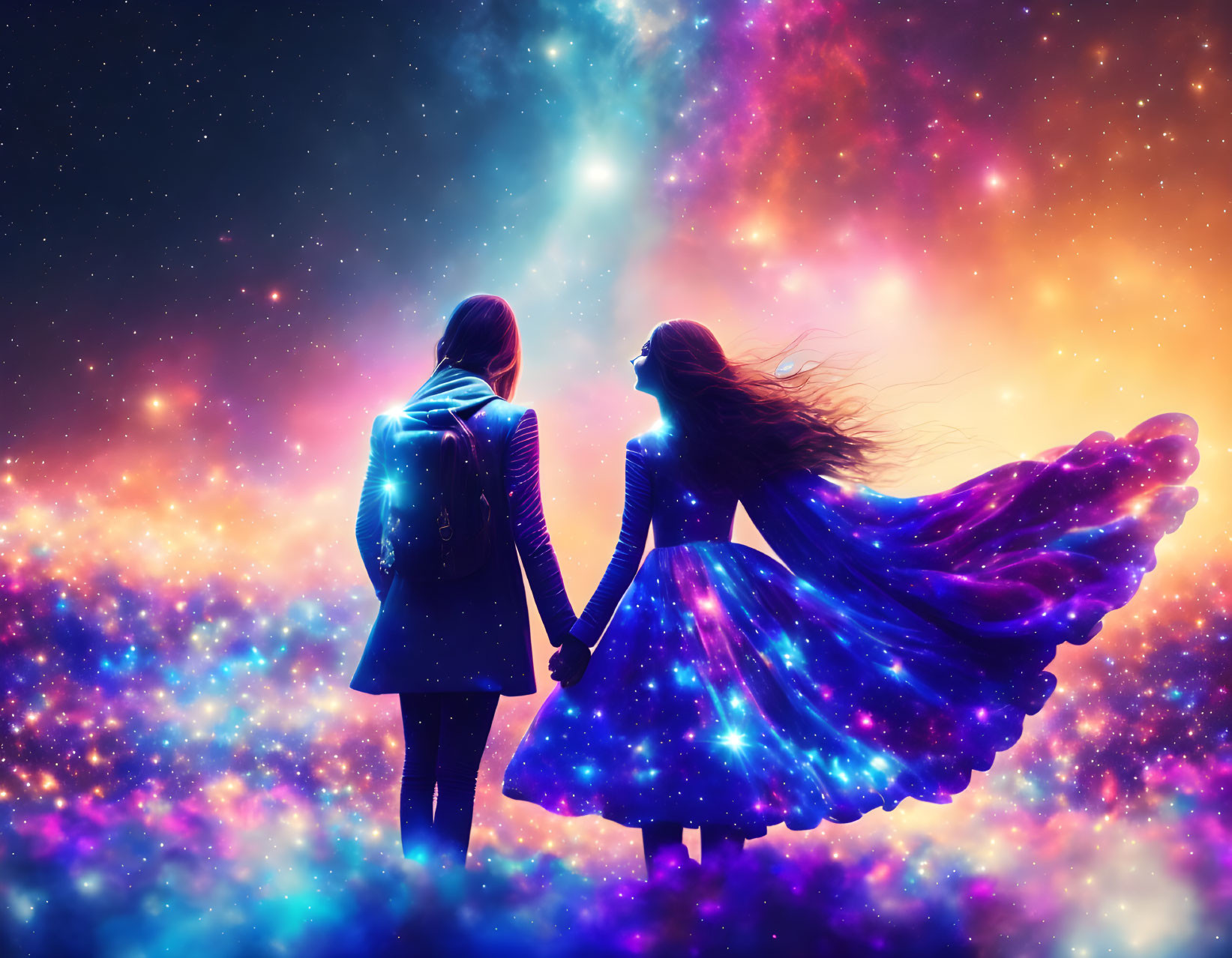 Silhouetted figures holding hands in cosmic backdrop.