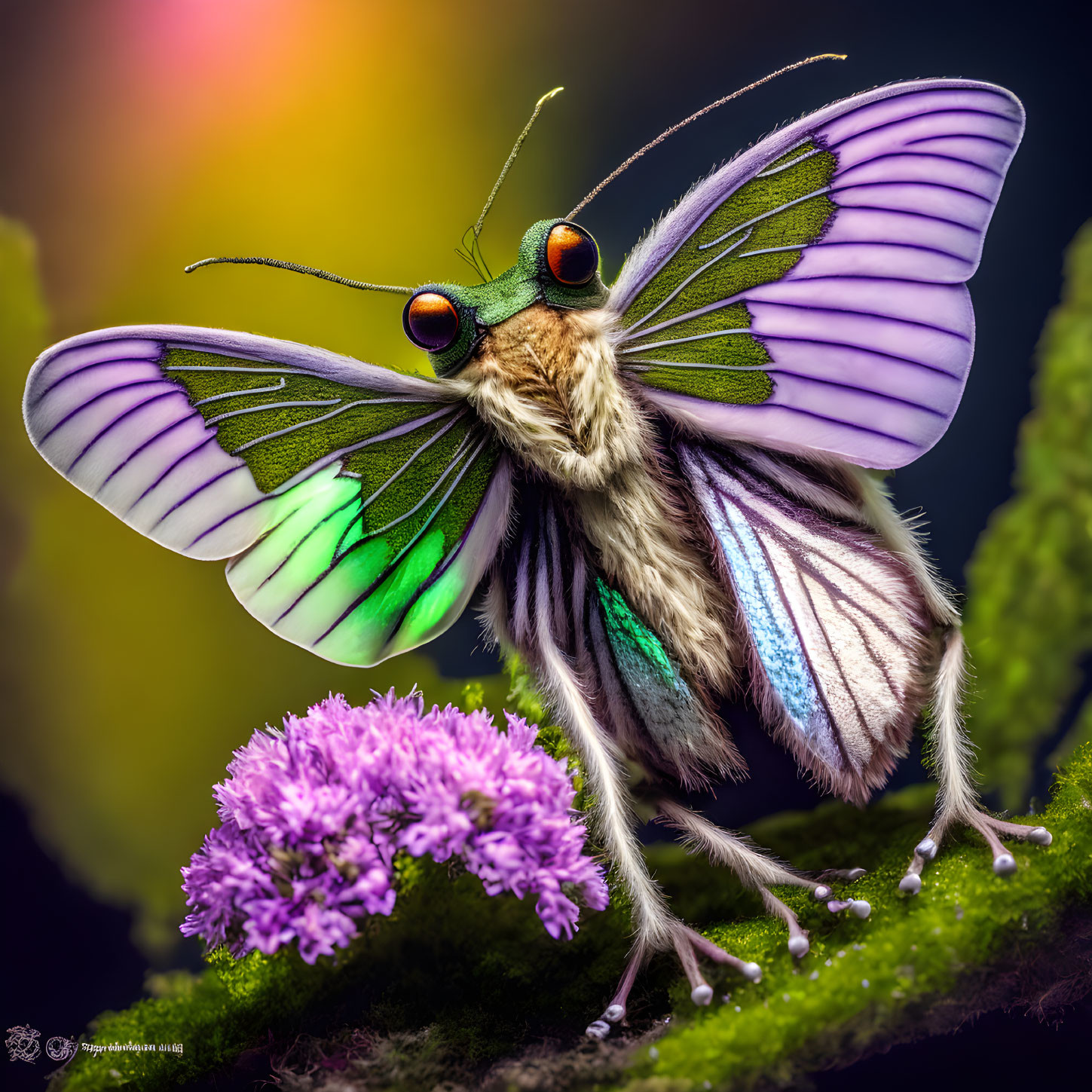 Colorful Butterfly with Green and Purple Wings on Purple Flower in Soft-focus Background