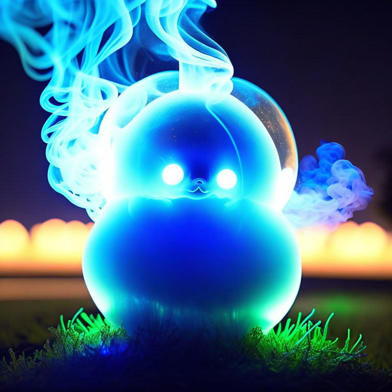 Blue Glass Pumpkin with Bright Eyes and Swirling Smoke Effect on Nighttime Background