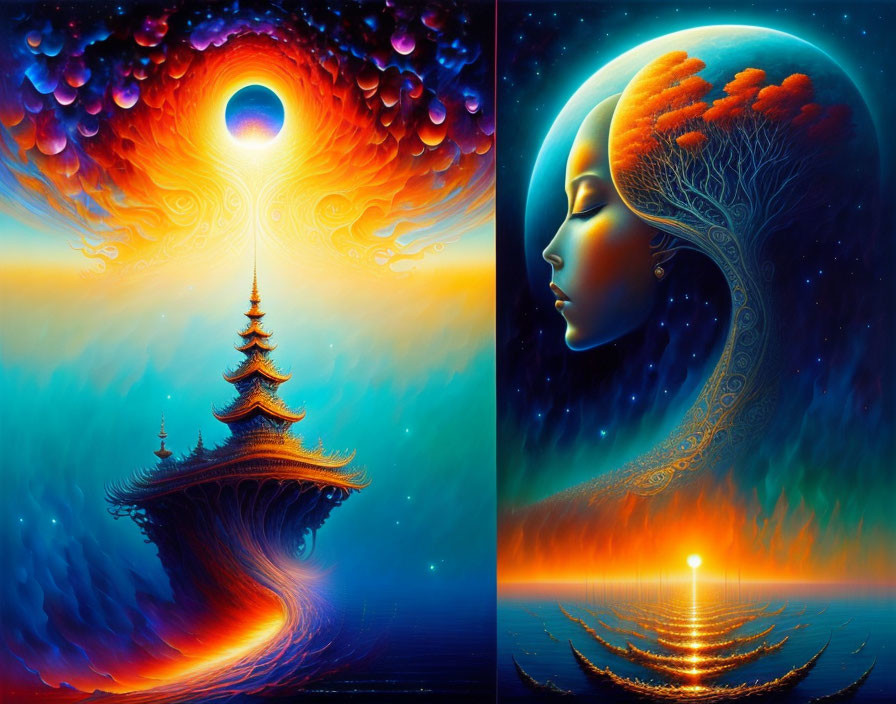 Colorful surreal artwork featuring pagoda structure, waves, profile with tree hair, and light beam.