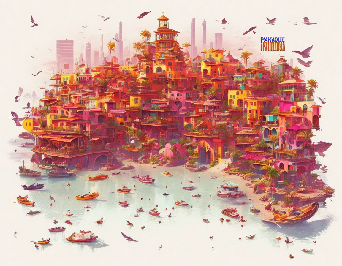 Colorful coastal cityscape with terracotta buildings, whimsical architecture, greenery, and boats