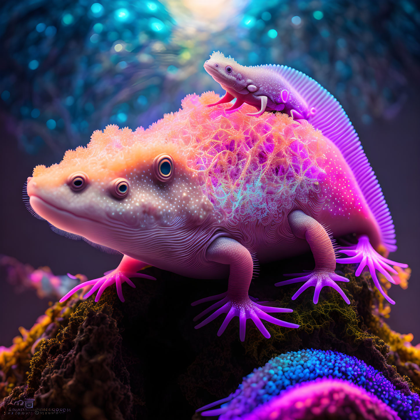 Colorful digital art: whimsical creature with gecko body, neon purple hues, multiple eyes,