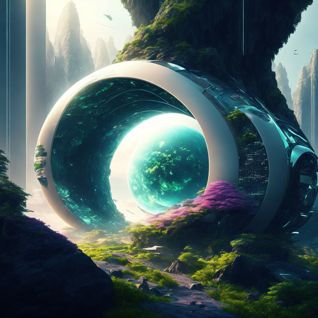 Futuristic spherical structure in lush forest with transparent portal.