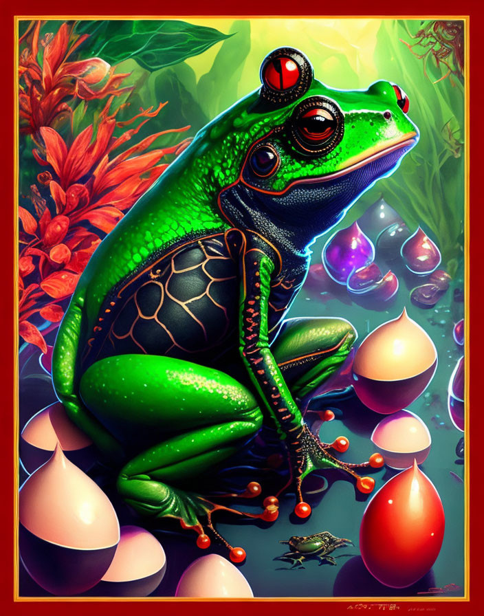Detailed illustration of green frog with intricate skin patterns in lush environment.