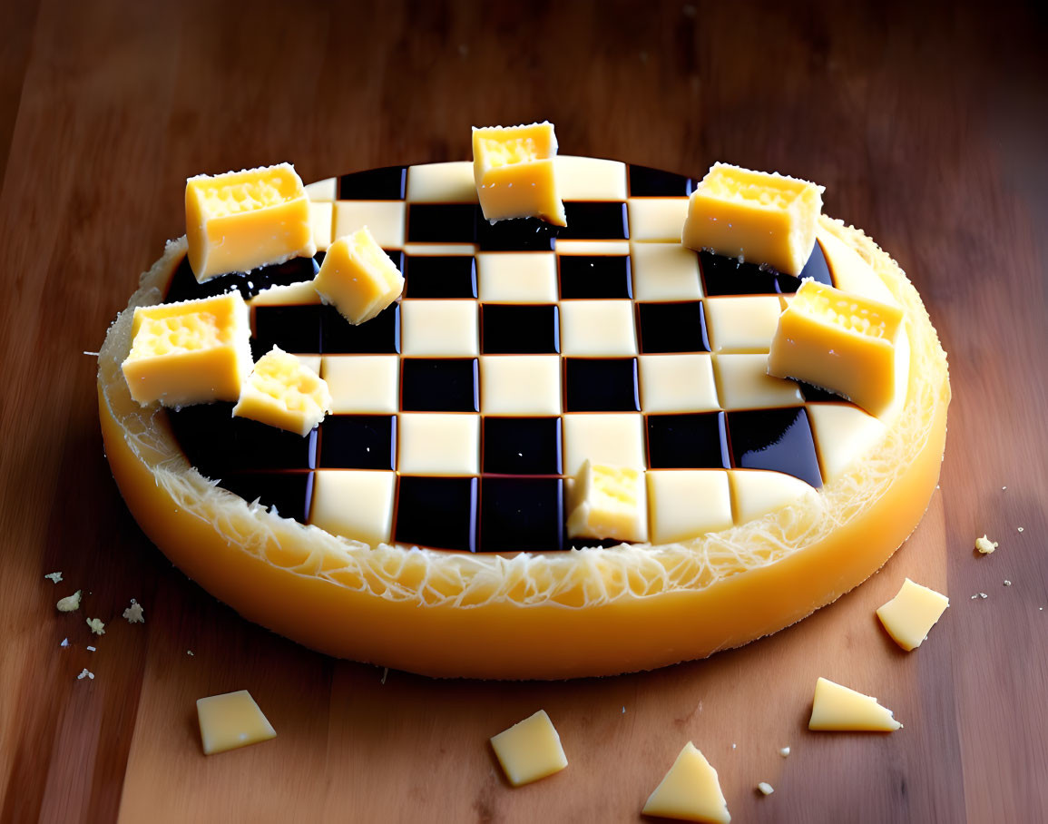 Chessboard-themed cheese wheel with cut-out cheese pieces on wooden surface