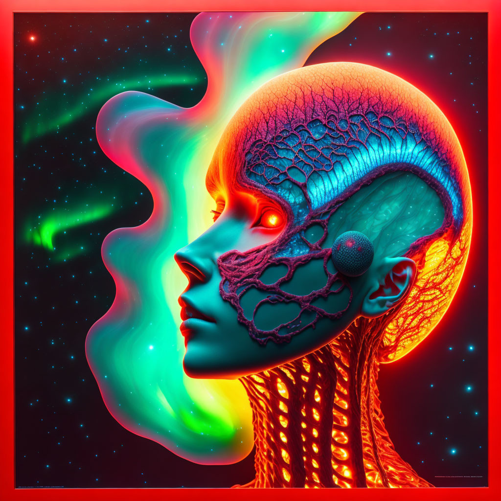 Futuristic humanoid profile with neon textures in cosmic backdrop