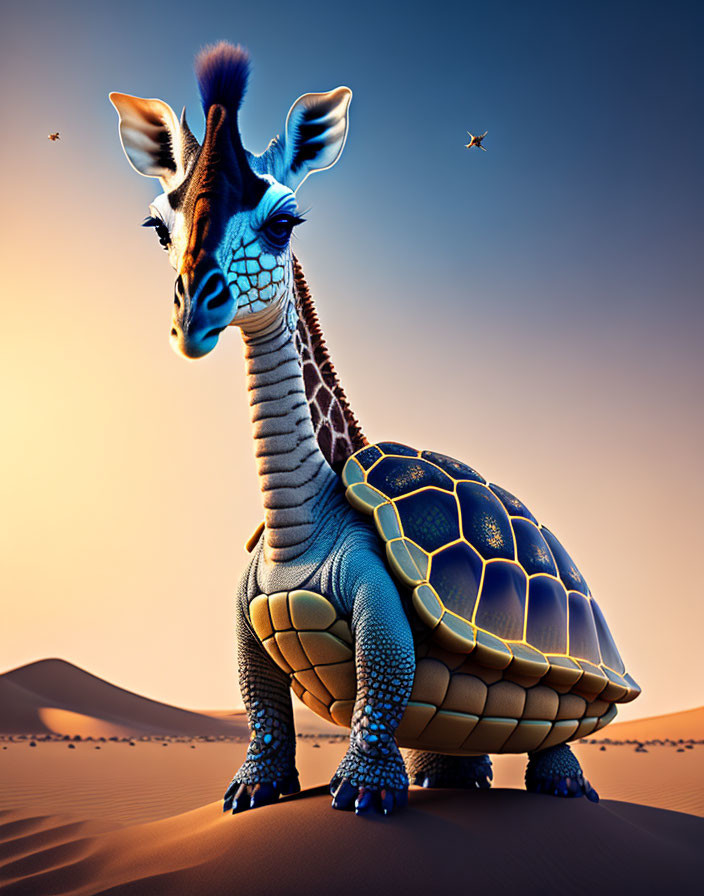 Hybrid Animal Artwork: Tortoise Body, Giraffe Neck in Desert