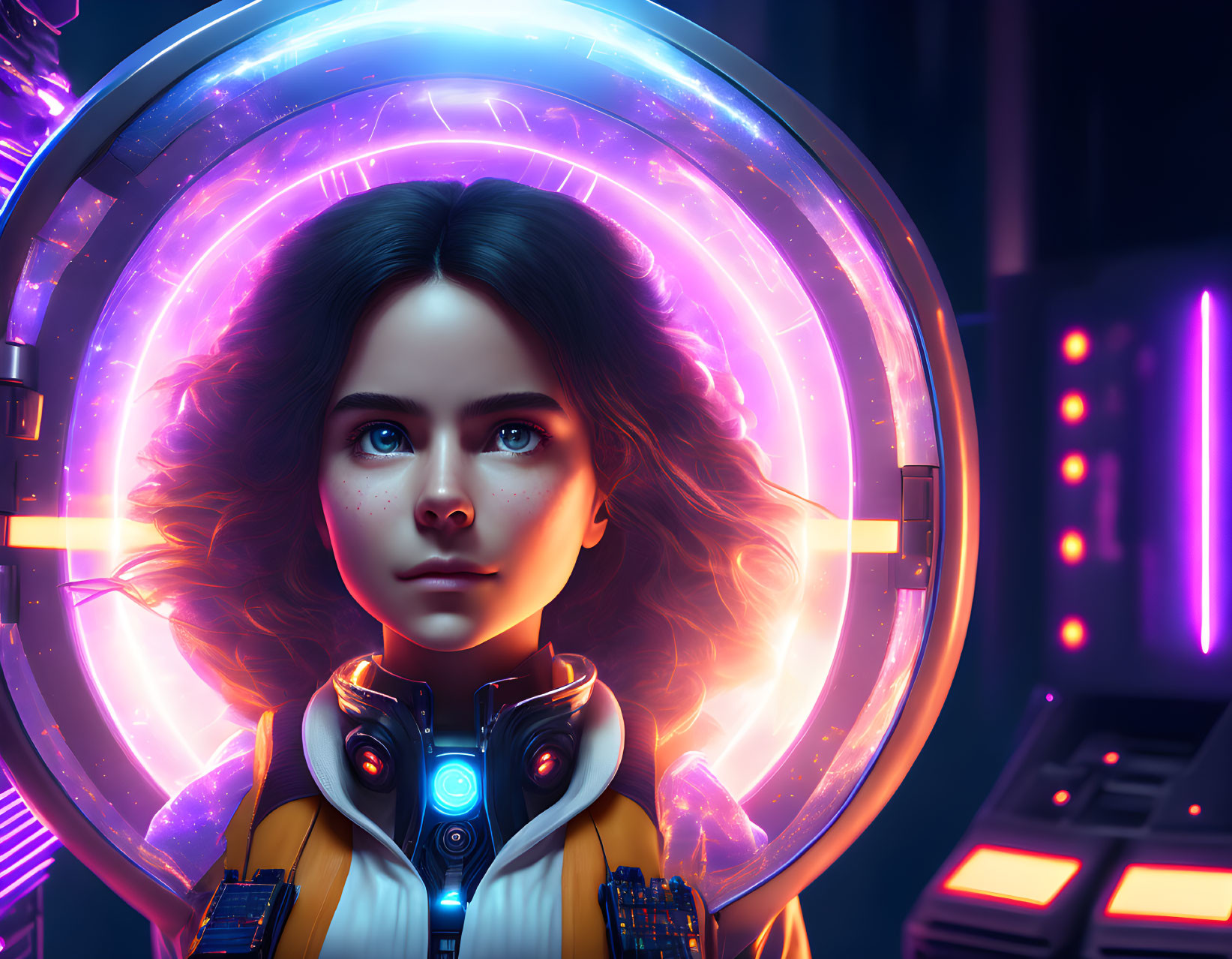 Futuristic woman in space helmet with neon lights and tech