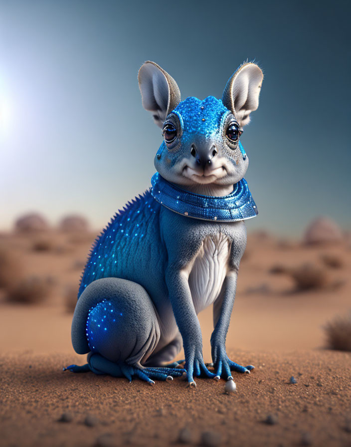 Blue fawn-headed lizard creature with sparkles in desert landscape