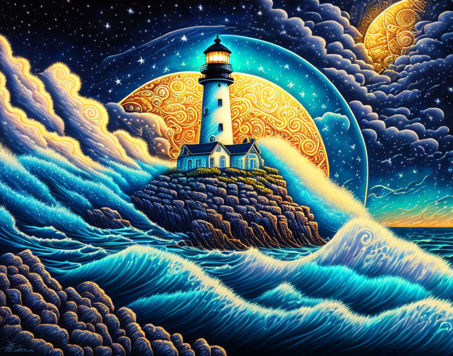 Colorful surreal artwork: lighthouse, swirling waves, starry sky, celestial bodies