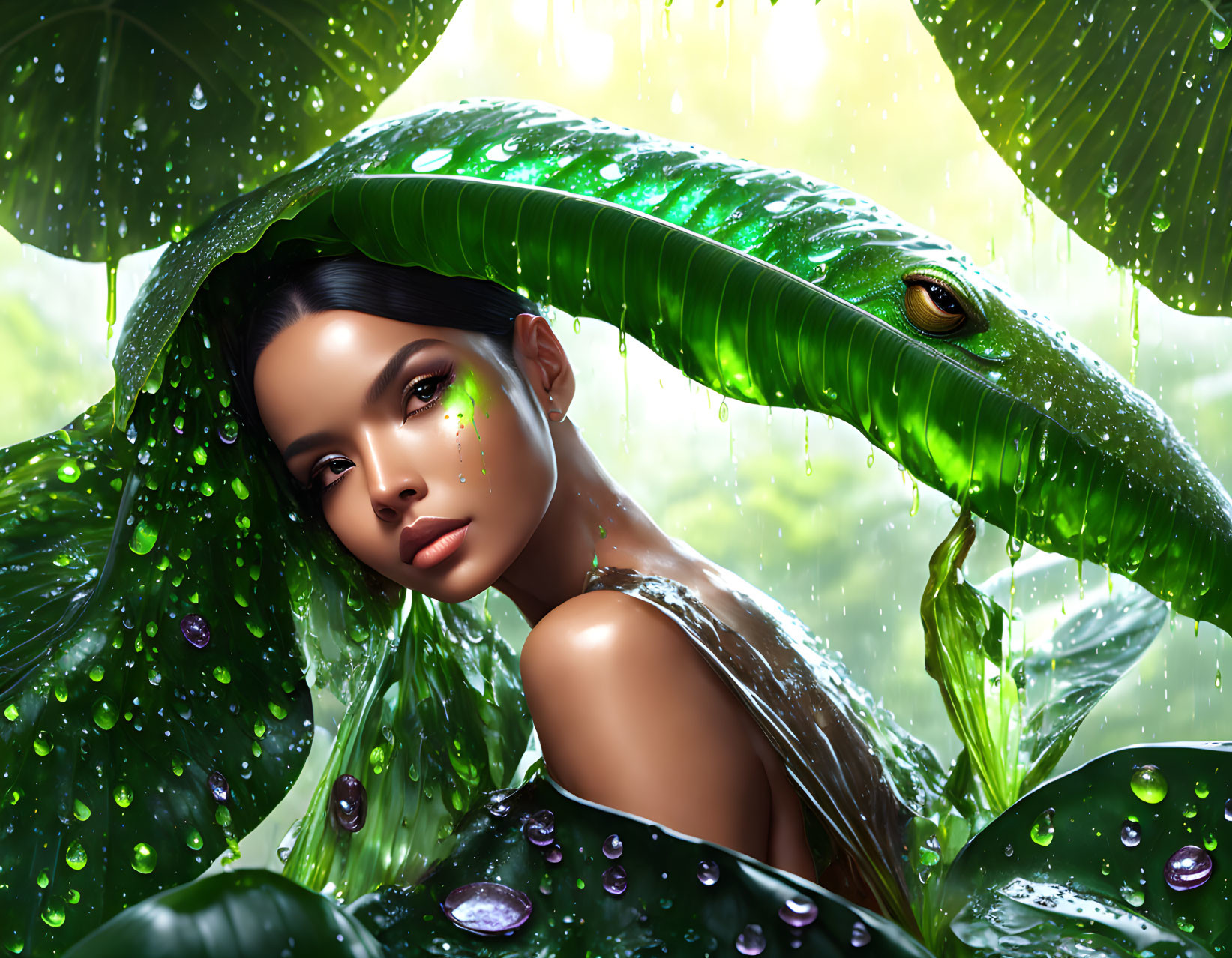 Woman with wet skin and glossy lips among green leaves and snake with water droplets