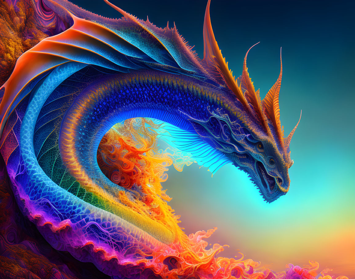 Colorful Dragon Artwork with Fiery Background