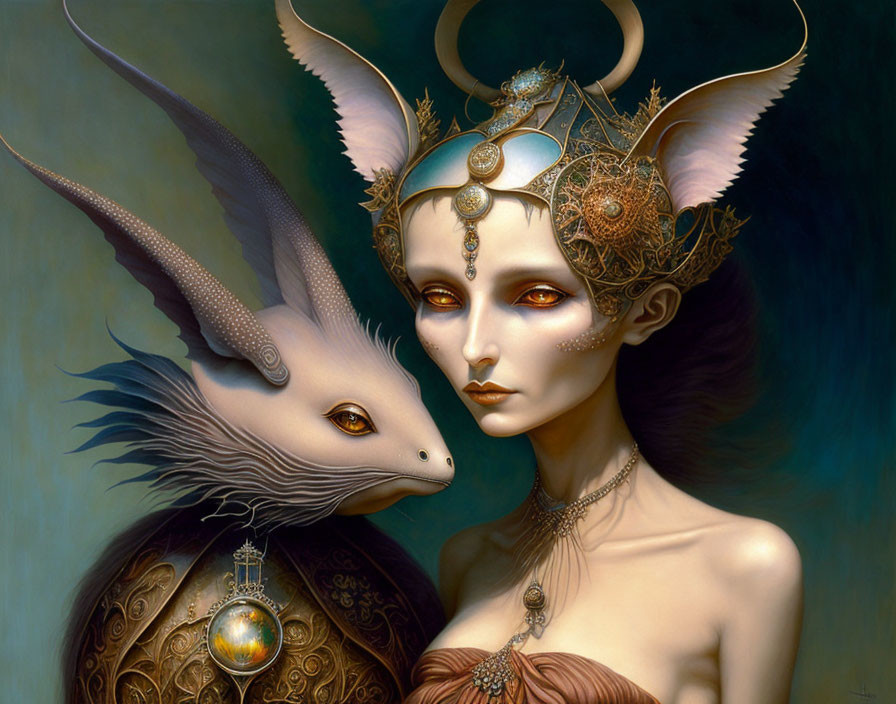 Fantasy artwork: Woman with horns and ornate headdress, creature with bird-like head and armor