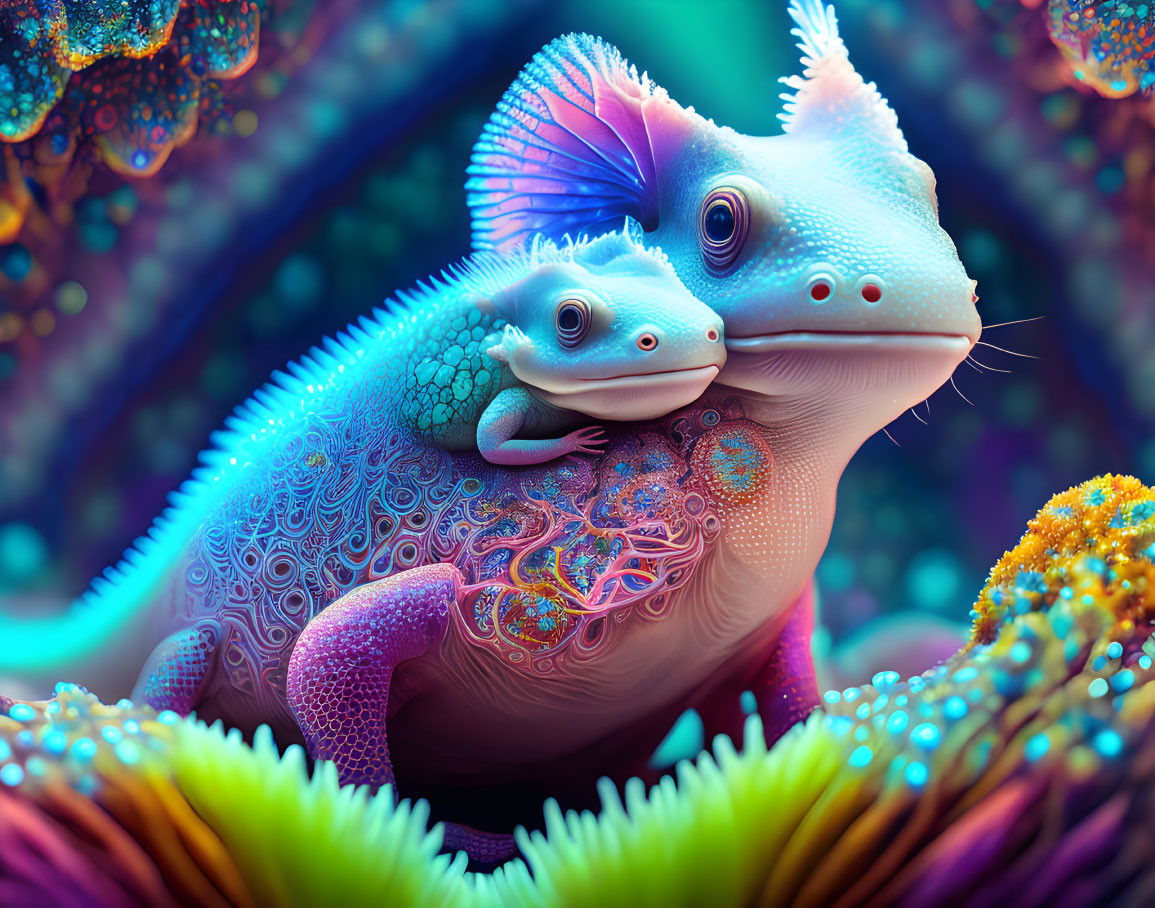 Colorful digital artwork: Fantastical chameleon with intricate patterns in surreal setting.