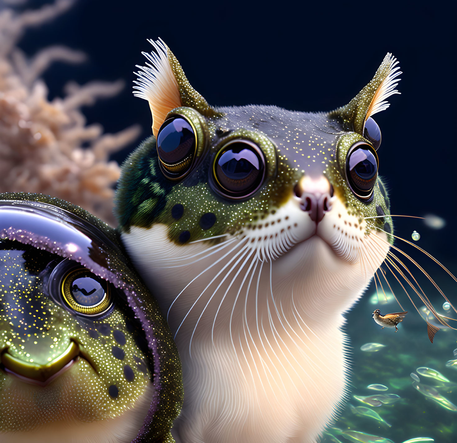 Fantastical Cat-Fish Hybrid Creature Illustration Underwater