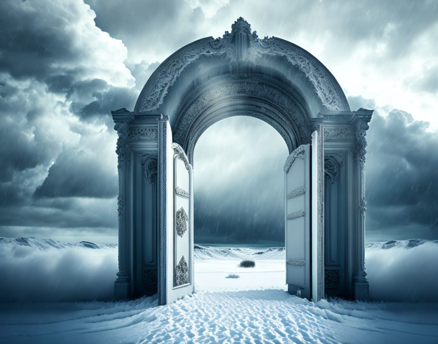 Ornate open door in snowy landscape with cloudy skies